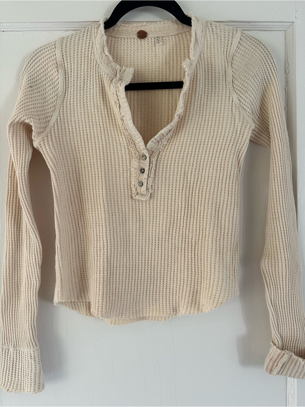 Free People Cream Henley Waffle Knit Long-Sleeve Top